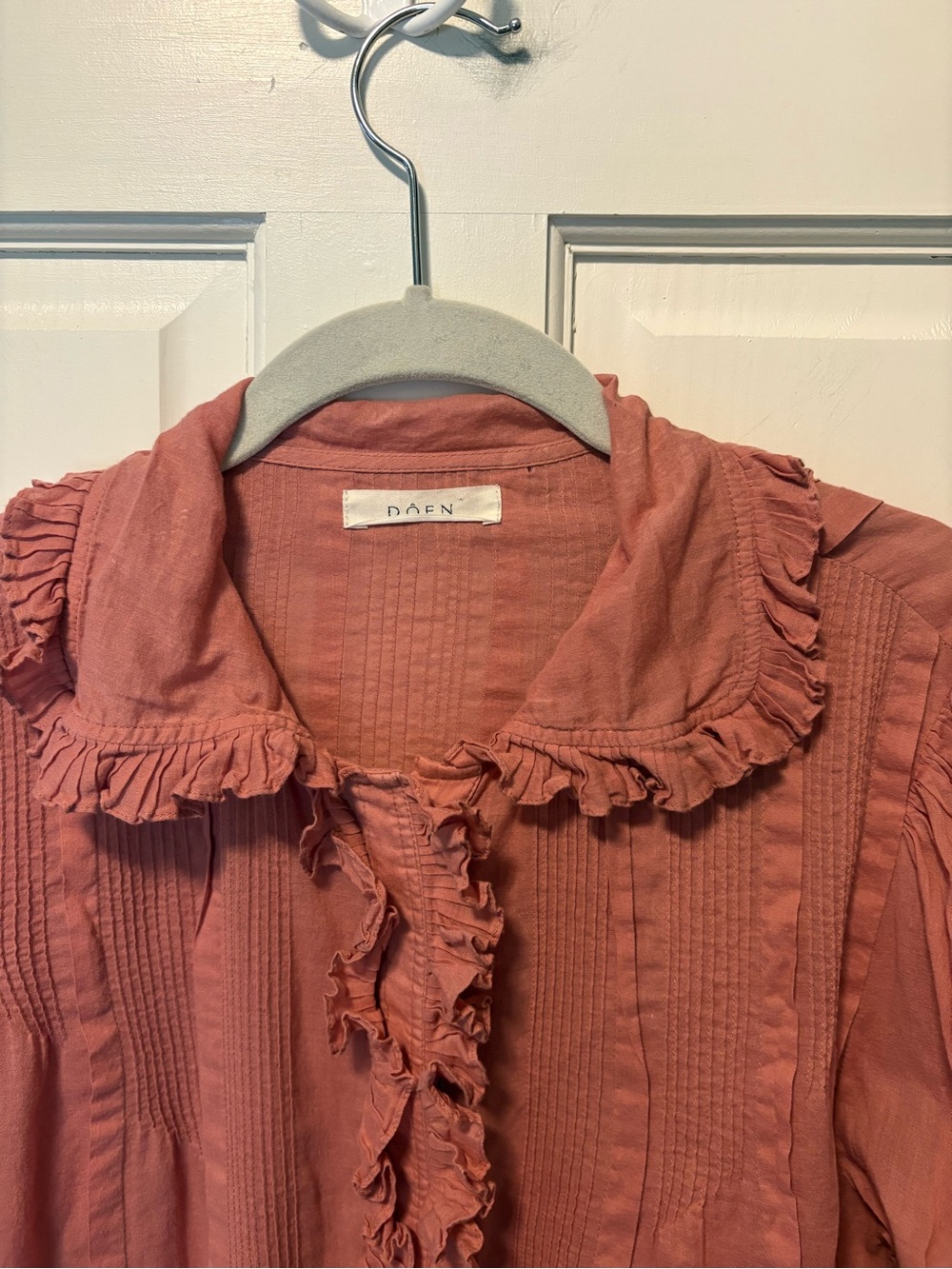 Doen pink rose cotton lightweight ruffle collar button up blouse top s small - Picture 4 of 8